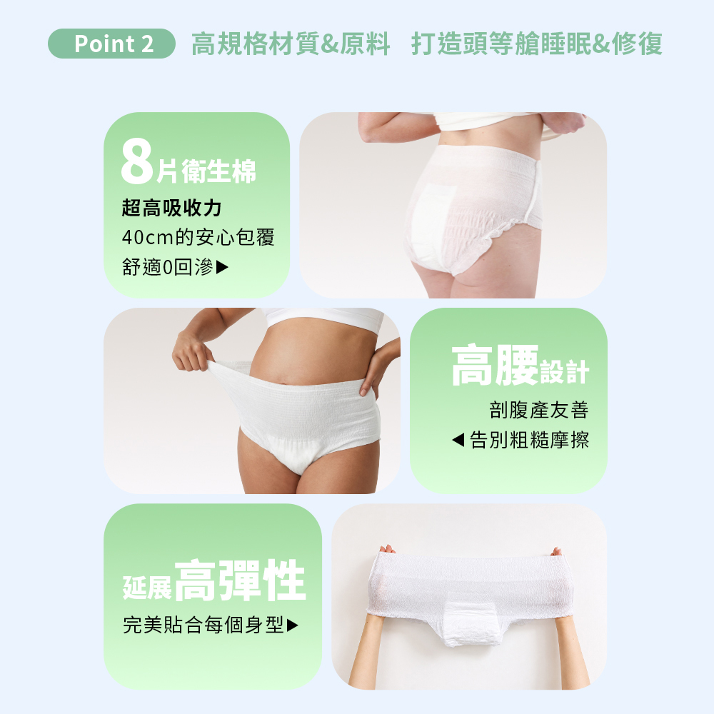 Point 2 高規格材質&原料 打造頭等艙睡眠&修復8片衛生棉超高吸收力40cm的安心包覆舒適0回延展高彈性完美貼合每個身型▶高腰設計剖腹產友善粗糙摩擦