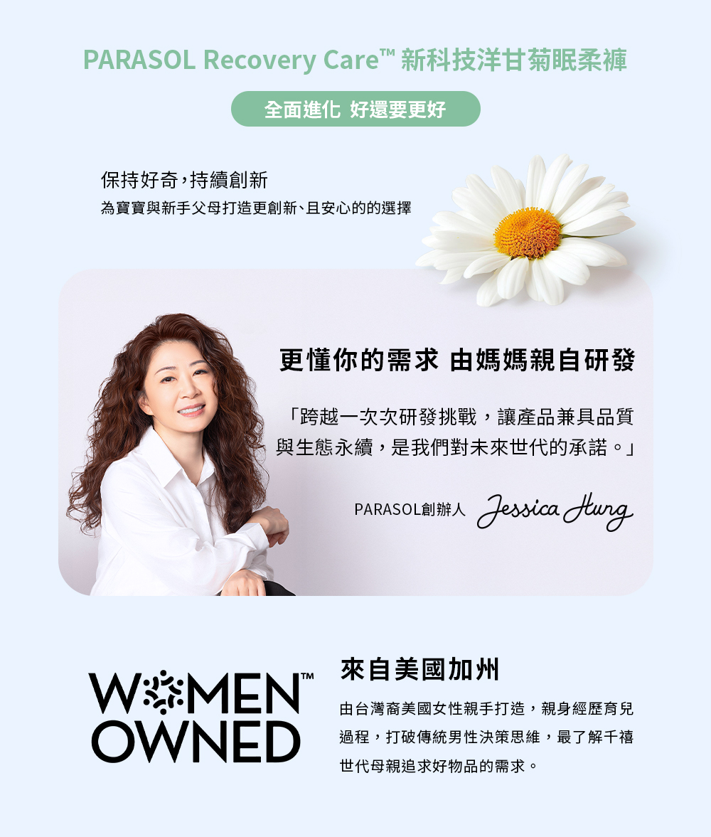 PARASOL Recovery Care 新科技洋甘菊眠柔褲全面進化 好還要更好保持好奇,持續創新為寶寶與新手父母打造更創新、且安心的的選擇更懂你的需求由媽媽親自研發「跨越一次次研發挑戰,讓產品兼具品質與生態永續,是我們對未來世代的承諾。」PARASOL創辦人Jessica 來自美國加州WMEN由台灣裔美國女性親手打造,親身經歷育兒OWNED過程,打破傳統男性決策思維,最了解千禧世代母親追求好物品的需求。