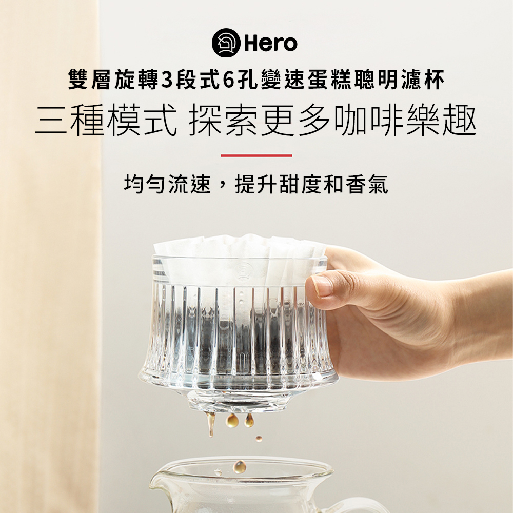 Hero雙層旋轉3段式6孔變速蛋糕聰明濾杯三種模式 探索更多咖啡樂趣均勻流速,提升甜度和香氣