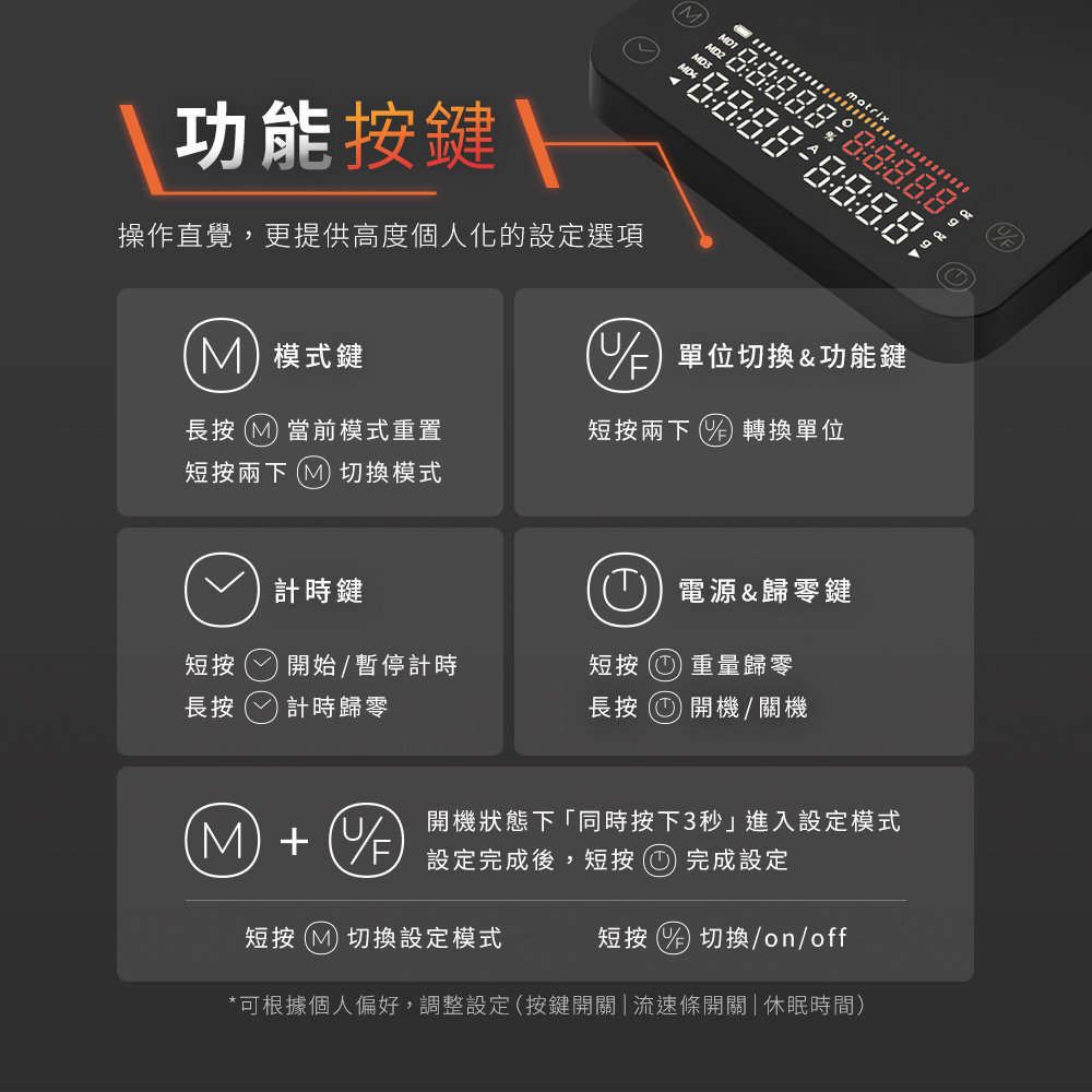 M2 Pro AI大師義式手沖LED四顯流速粉水比咖啡秤,獨立按鍵功能。操作直覺