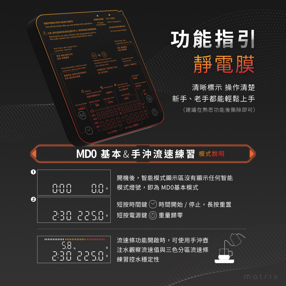 M2 Pro AI大師義式手沖LED四顯流速粉水比咖啡秤,MD0基本模式