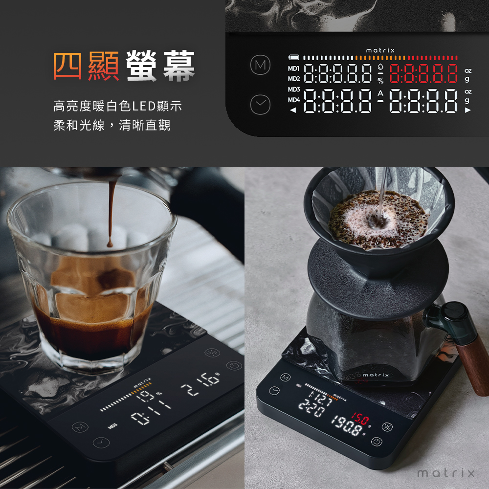 M2 Pro AI大師義式手沖LED四顯流速粉水比咖啡秤,高亮度暖白色LED