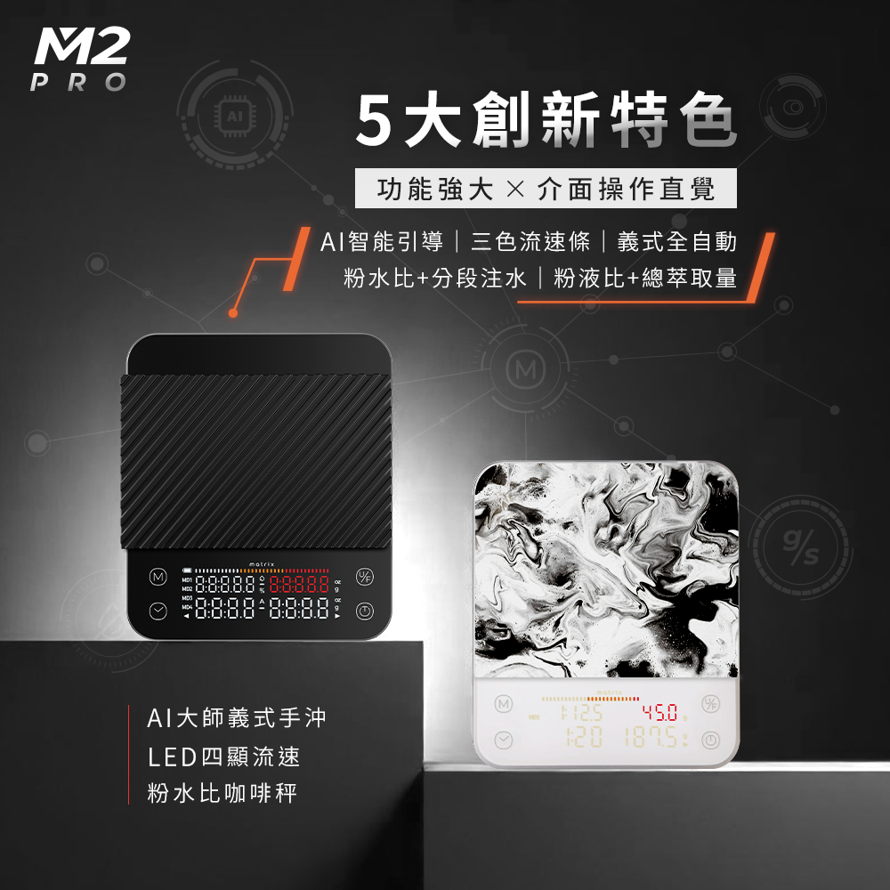 M2 Pro AI大師義式手沖LED四顯流速粉水比咖啡秤，AI智能引導｜分段注水｜粉水比｜粉液比