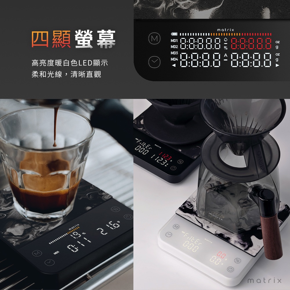 M2 Pro AI大師義式手沖LED四顯流速粉水比咖啡秤，高亮度暖白色LED